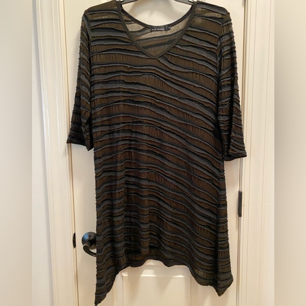 Cut Loose tunic/dress olive green black and gray sharkbite hem semi sheer M